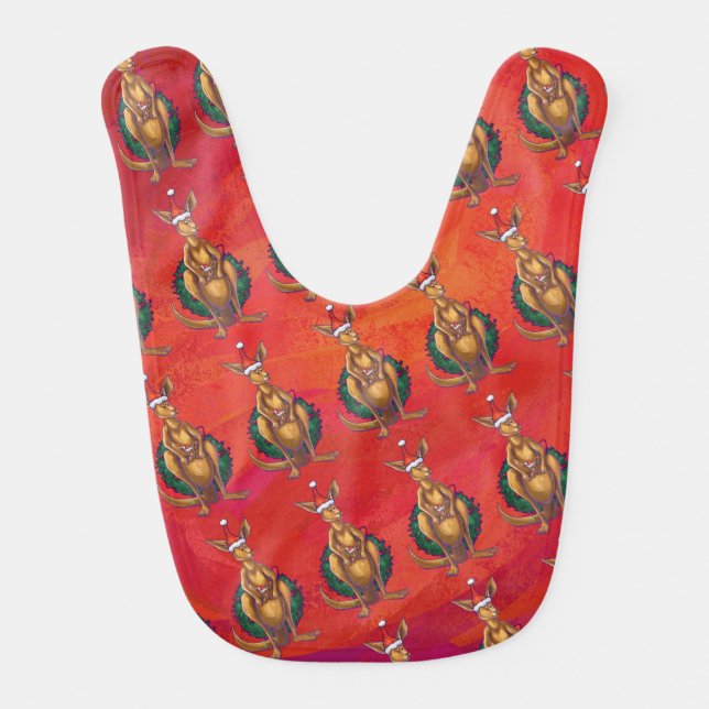 Kangaroo Xmas On Red Baby Bib (Front)