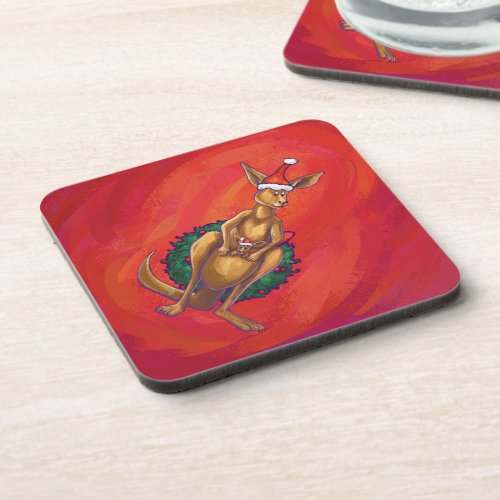 Kangaroo Xmas On Red Beverage Coaster