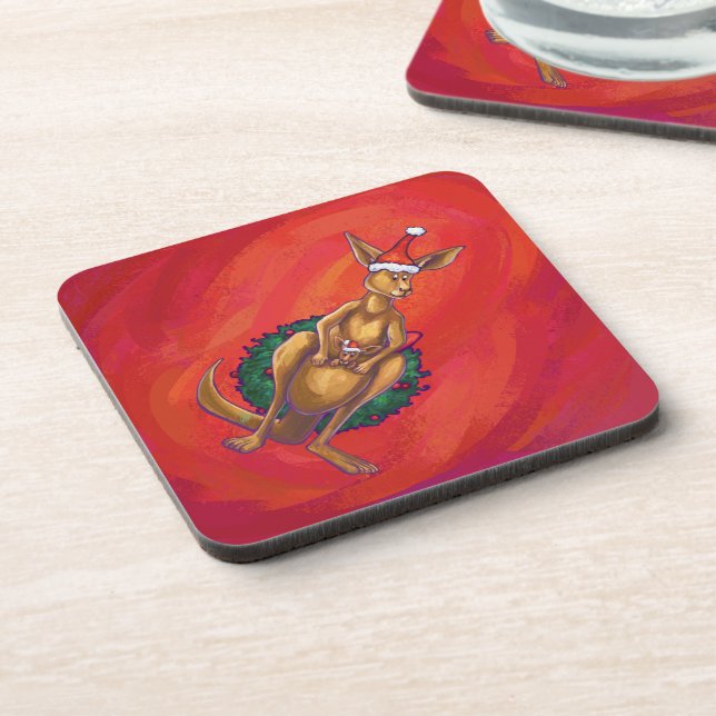 Kangaroo Xmas On Red Beverage Coaster (Left Side)