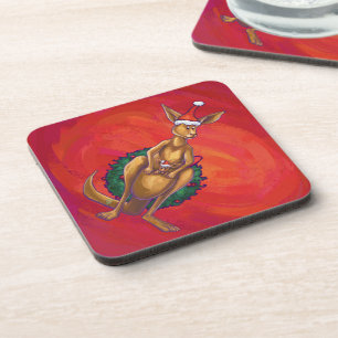 Kangaroo Xmas On Red Beverage Coaster