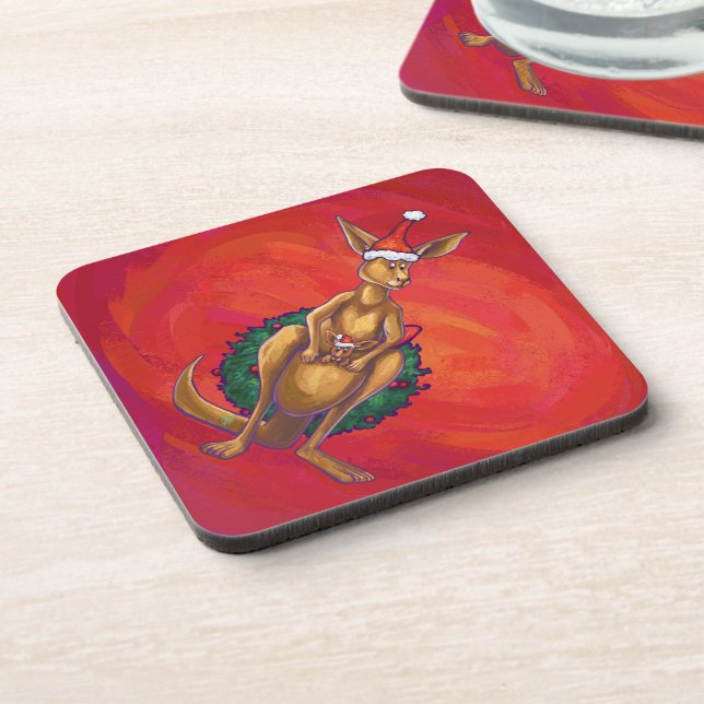 Kangaroo Xmas On Red Beverage Coaster (Left Side)