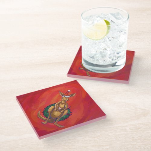 Kangaroo Xmas On Red Glass Coaster