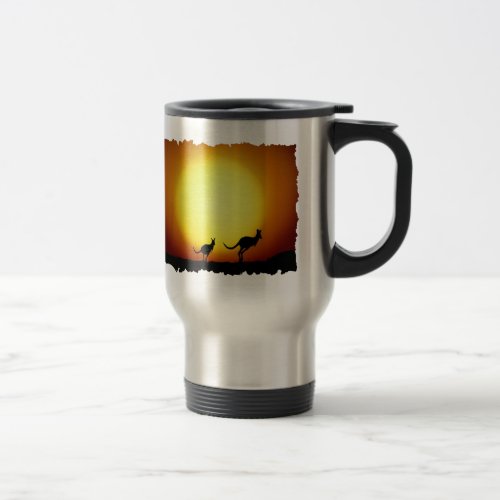 Kangaroos against the desert sun travel mug