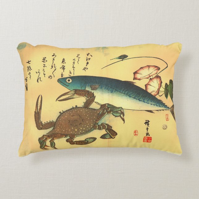 Kani or Kegani & Saba - Hiroshige's Japanese Fish Accent Pillow (Front)