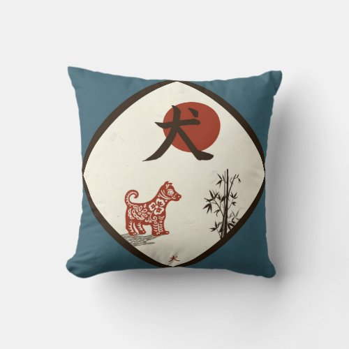 Kanji Dog on Blue Throw Pillow