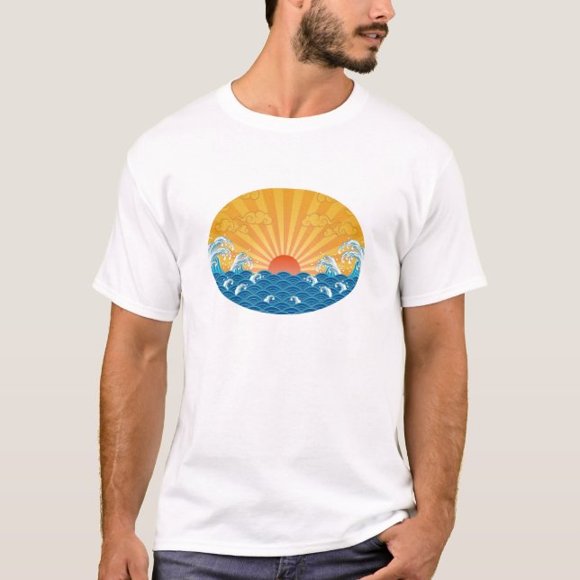 Kanjiz illustration : the rising sun and rough sea T-Shirt (Front)