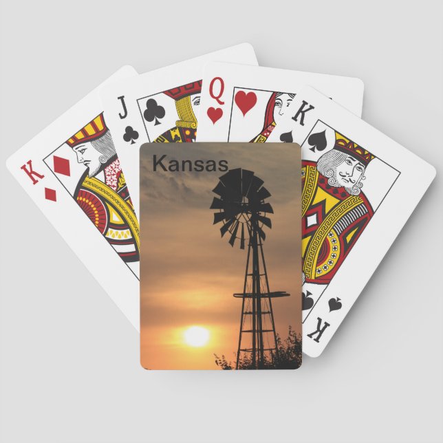 Kansas Blazing orange Sunset with a Windmill  Poker Cards (Back)