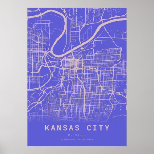 Kansas Blue City Map Poster