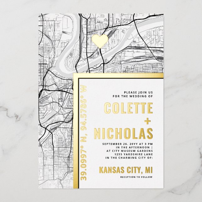 Kansas City Love Locator | City Themed Wedding Foil Invitation (Front)
