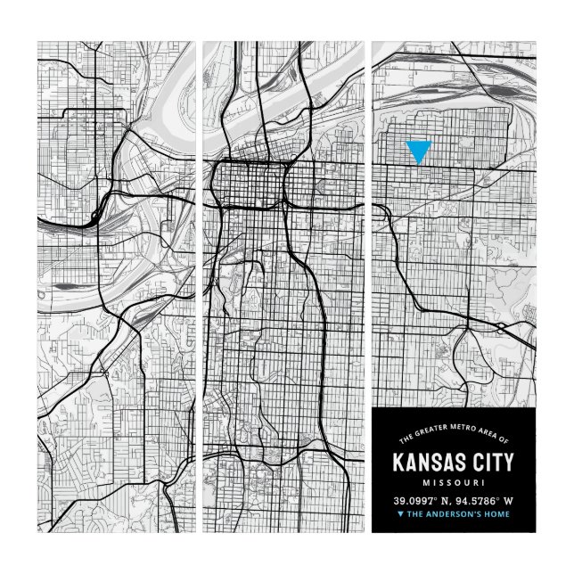 Kansas City Map + Home Location Marker Triptych (Front)