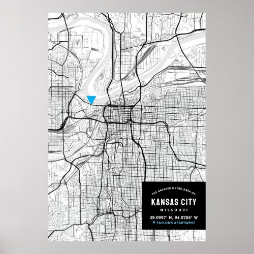 Kansas City Map  Mark Your Location  Poster