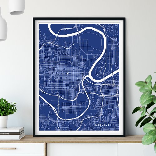 Kansas City Map Minimalist Navy Blue Street Map Poster