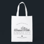 Kansas city, Missouri Wedding | Stylized Skyline Grocery Bag<br><div class="desc">A unique wedding bag for a wedding taking place in the beautiful city of Kansas city,  Missouri.  This bag features a stylized illustration of the city's unique skyline with its name underneath.  This is followed by your wedding day information in a matching open lined style.</div>