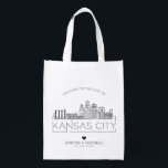 Kansas city, Missouri Wedding | Stylized Skyline Grocery Bag<br><div class="desc">A unique wedding bag for a wedding taking place in the beautiful city of Kansas city,  Missouri.  This bag features a stylized illustration of the city's unique skyline with its name underneath.  This is followed by your wedding day information in a matching open lined style.</div>