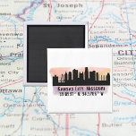 Kansas City MO City Skyline  Magnet<br><div class="desc">Square magnet features skyline silhouette of Kansas City,  MO with map coordinates on a watercolor splash background, </div>