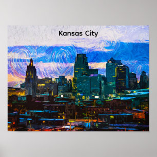 Kansas City Oil Paint Panorama View Vintage Poster