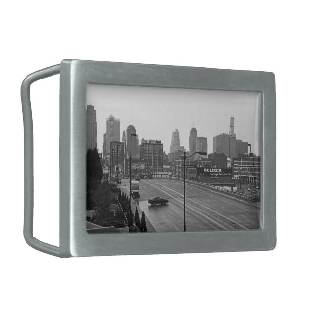 Kansas City Urban Skyline, Black and White Photo Belt Buckle (Front Left)