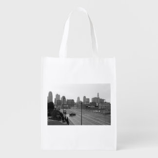Kansas City Urban Skyline, Black and White Photo Grocery Bag