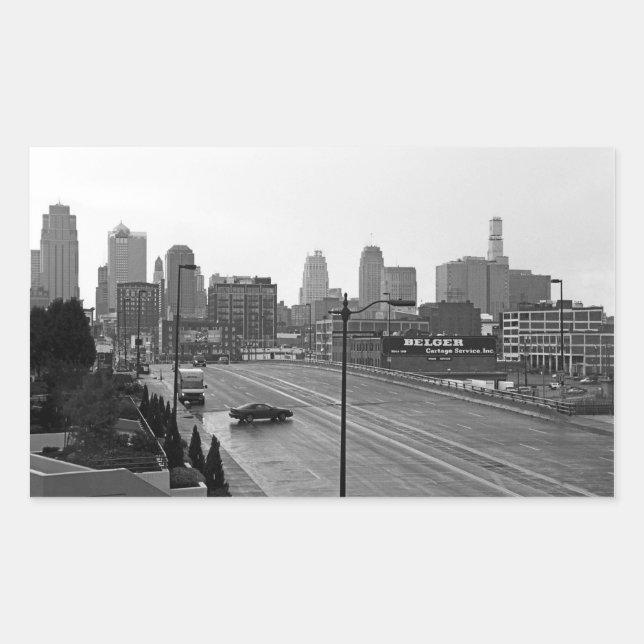 Kansas City Urban Skyline, Black and White Photo Rectangular Sticker (Front)