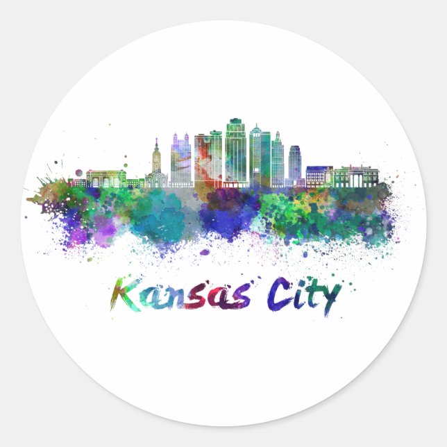 Kansas City V2  skyline in watercolor Classic Round Sticker (Front)
