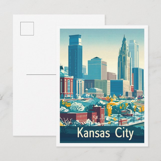 Kansas City Vintage Travel Illustration Postcard (Front/Back)