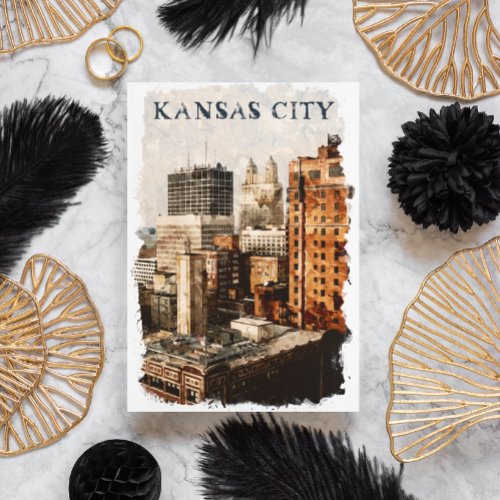 Kansas City Vintage Travel Watercolor  Postcard