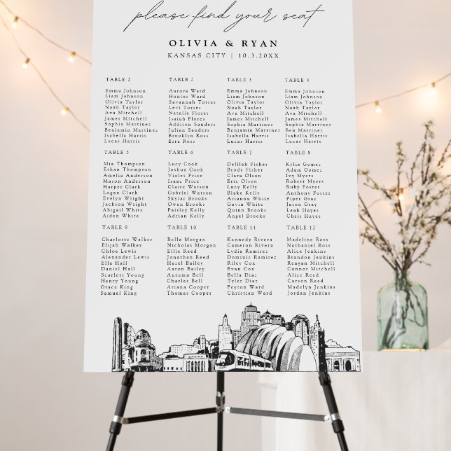 Kansas City Wedding 12 Table Seating Chart 24x36 Foam Board (In Situ (Stand))
