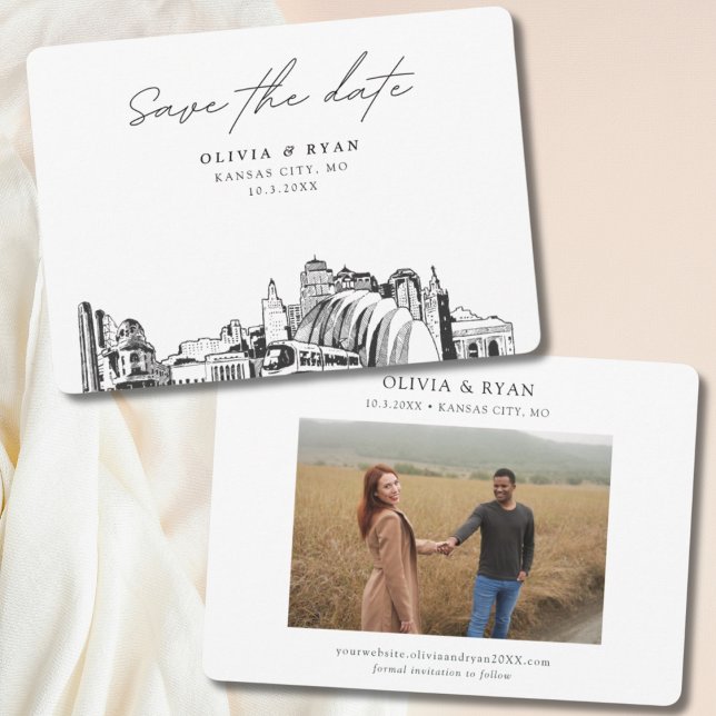 Kansas City Wedding Modern Save the Date Invitation (Kansas City wedding save the date skyline sketch with engagement photo)
