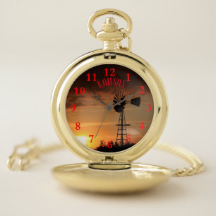 Kansas Farm Windmill Sunset silhouette Pocket Watch