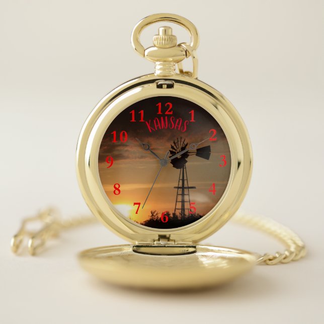 Kansas Farm Windmill Sunset silhouette Pocket Watch (Inside)
