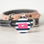 Kansas Heart Pet ID Tag<br><div class="desc">Let your furry friend show some home state pride with this cute Kansas ID tag. Design features a white silhouette map of the state of Kansas in pink with a white heart inside, on a preppy navy blue and white stripe background. Add your pet's name and contact information to the...</div>