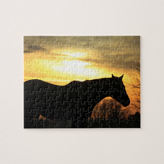 Kansas Horse silhouette  Golden Orange Sunset Jigsaw Puzzle (Horizontal)