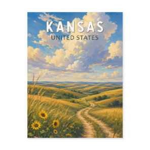 Kansas Illustration Travel Art Vintage Postcard