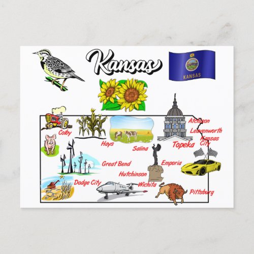 Kansas in US with the major Cities  Postcard