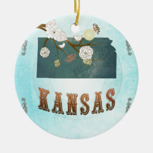 Kansas Map With Lovely Birds Ceramic Ornament