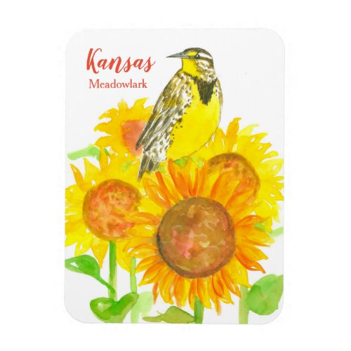 Kansas Meadowlark Watercolor Sunflowers Magnet
