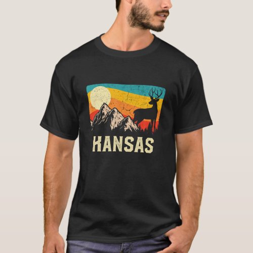 Kansas Nature Wild Deer Retro Sunset Hiking T_Shirt