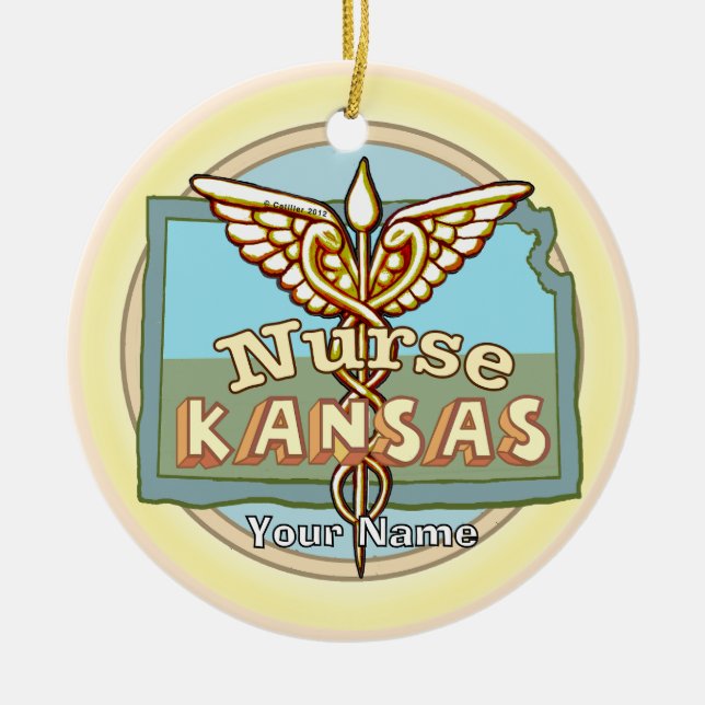 Kansas Nurse Caduceus Ceramic Ornament (Front)