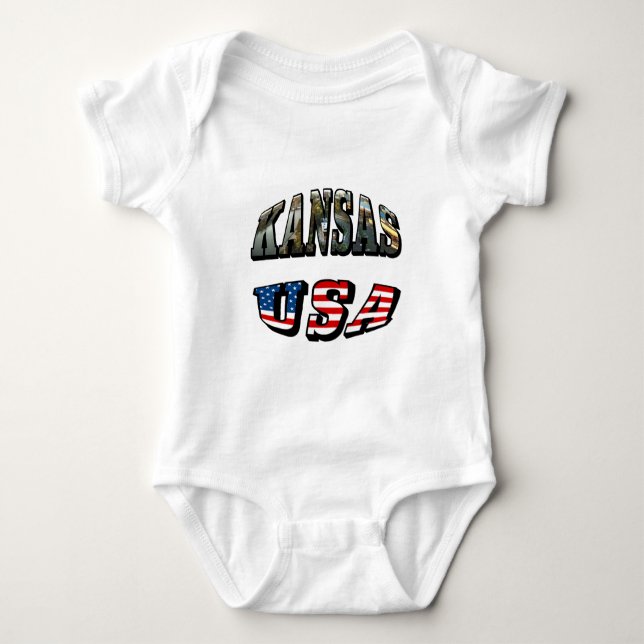 Kansas Picture and USA Flag Font Baby Bodysuit (Front)