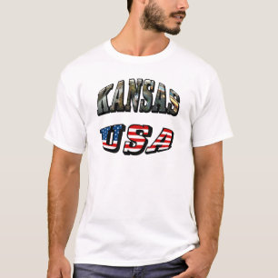 Kansas Picture and USA Flag Font T-Shirt