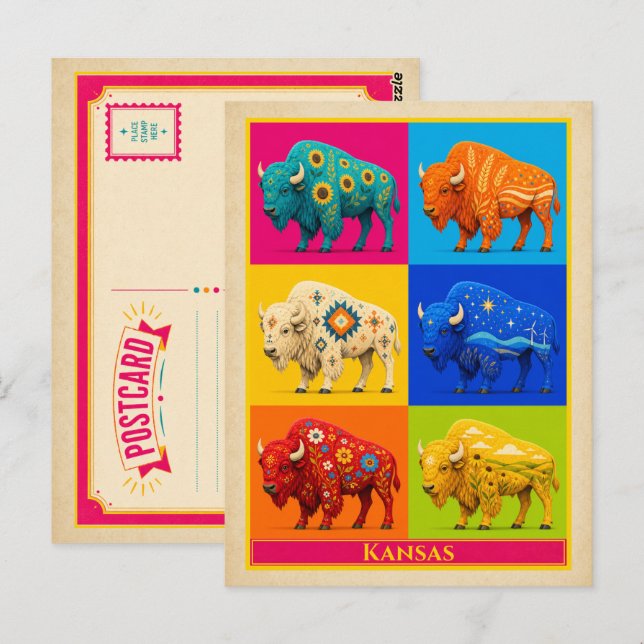 Kansas Postcard Bison Vintage Pop Art (Front/Back)
