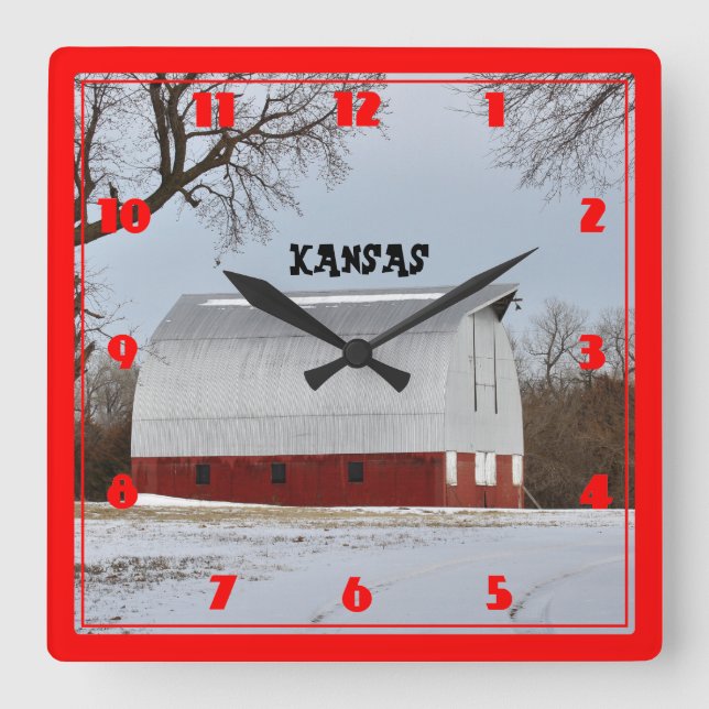 Kansas Red Barn Square Wall Clock (Front)