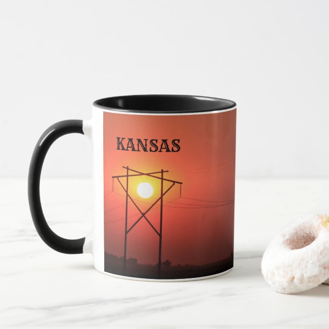 Kansas Red Power Line sunset COFFEE MUG (With Donut)