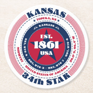 Kansas Red White Blue Typography Round Paper Coaster