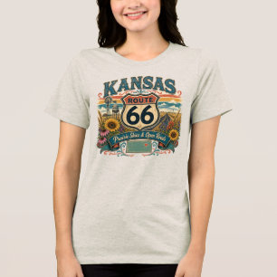 Kansas Route 66 Sunflowers Prairie Windmill Road  Tri-Blend Shirt