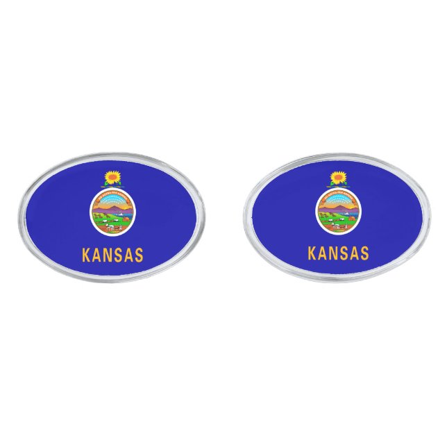 Kansas State Flag Design Silver Cufflinks (Front)