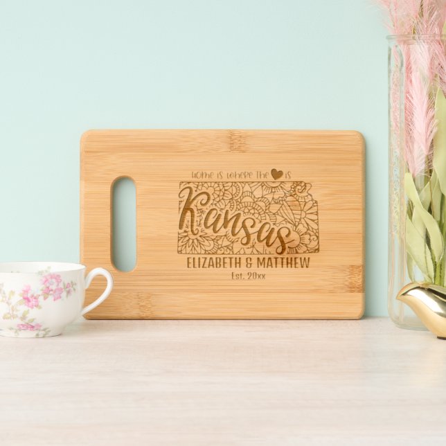 Kansas state map outline newly weds USA Engraved Cutting Board (Upright)