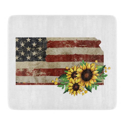 Kansas State Map US Flag Sunflower Glass Cutting Board
