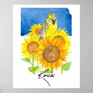 Kansas State Shape Meadowlark Sunflowers Poster
