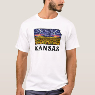Kansas State Tattoo Style Sunflowers & Tornado T-Shirt